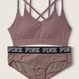 VS Pink Large Ultimate Strappy Lightly Lined Sports Bra & Panty NEW ICED COFFEE